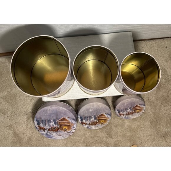Winter Scene Decorative Nesting Tins With Lids Elfs Sleigh Cabin Set Of 3 - Picture 15 of 15